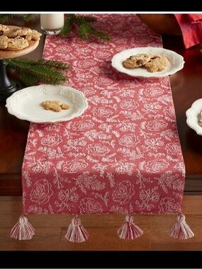 The Pioneer Woman Red Floral Tassel Table Runner with Ivory Pattern
